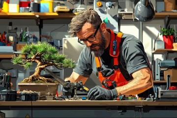 Man Working on Bonsai Tree in Workshop
