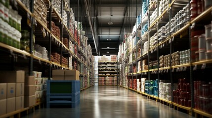 In a spacious warehouse, wide aisle is filled with neatly stacked pallets alongside various products