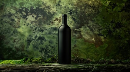 Black stylish bottle on a background of stones and moss