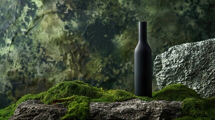 Black stylish bottle on a background of stones and moss