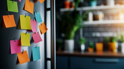 A kitchen scene featuring a refrigerator with a collage of bright sticky notes, bringing a cheerful and functional touch to the space