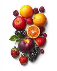 Obraz premium A vibrant arrangement of fresh fruits including oranges, apples, berries, and strawberries, perfect for healthy lifestyle promotion.
