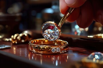 Jeweler Inspecting Diamond Ring with Magnifying Glass