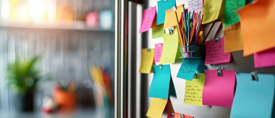 A stainless steel refrigerator decorated with an eclectic mix of colorful sticky notes, reflecting a busy and creative household