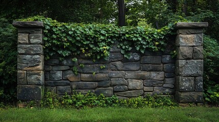 An old stone fence overgrown with ivy and moss