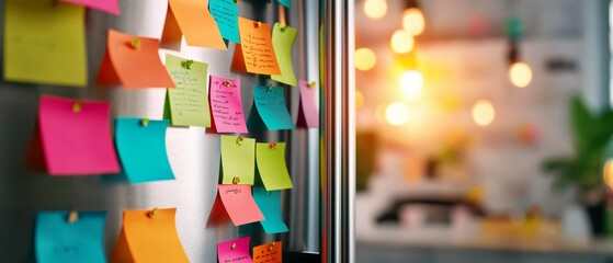 A stainless steel refrigerator decorated with an eclectic mix of colorful sticky notes, reflecting a busy and creative household