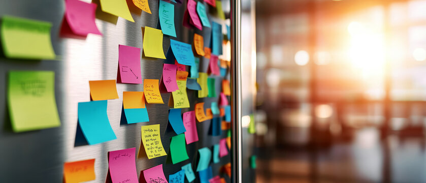 A stainless steel refrigerator decorated with an eclectic mix of colorful sticky notes, reflecting a busy and creative household
