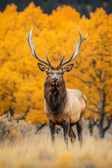 Portrait of a free and wild elk with beautiful antlers on autumn forest background background, wildlife cervid animal banner , noble stag