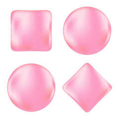 Cute 3D pink geometric shapes set, glowing circle, square, rhombus with liquid gradient texture. Aesthetic y2k style icons isolated. Elegant abstract elements for social media, posters, banners.