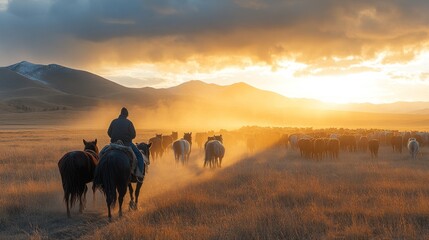 Naklejka premium Cowboy Herd Sunset.