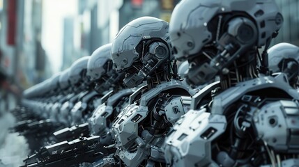 Fototapeta premium Rows of soldiers in sleek robotic form prepare for a mission in a high-tech urban environment