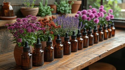 An inviting display of essential oils, herbal sachets, and fresh flowers, promoting the use of natural remedies for holistic health