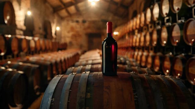 Red wine bottle mock up on on top of an old barrel, rows of barrels inside a winery or castle-like building, copy space and place for logo	
