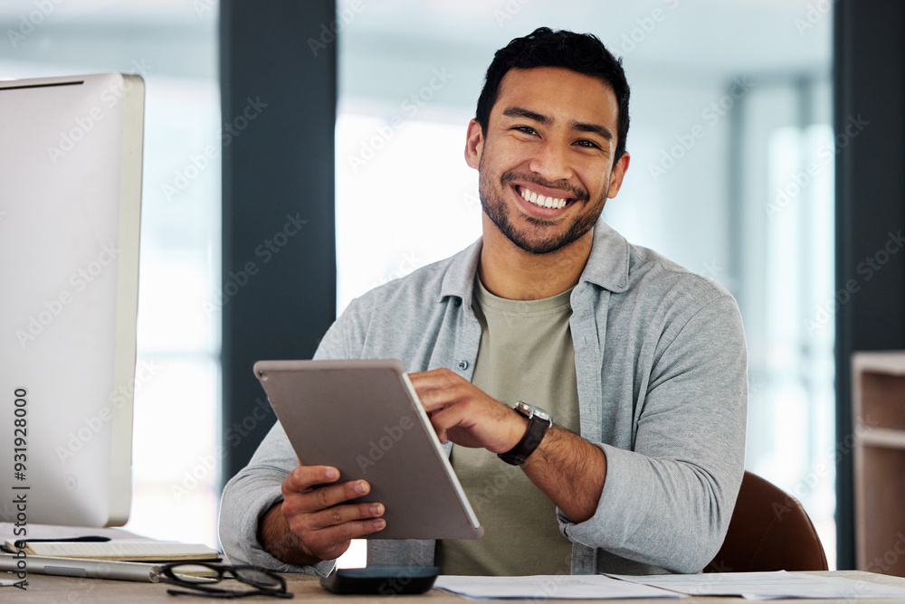 Poster Business man, tablet and portrait in office with website design, content creation and digital layout update. Smile. happy and creative employee at startup agency with tech and working on online app