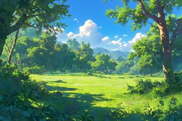 Idyllic Green Meadow with Lush Trees and Blue Sky, Digital Art of a Tranquil Nature Scene