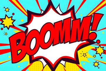 Obraz premium A colorful comic-style explosion graphic featuring the word 'BOOMM!'.