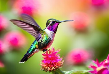 Fototapeta premium vibrant hummingbird perched exotic flower colorful petals lush greenery bright background, nature, wildlife, beauty, tropical, garden, bloom, nectar, wings