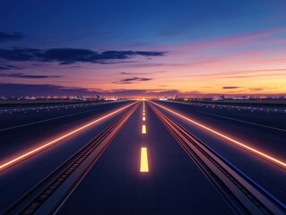 Obraz premium A stunning sunset view of a highway stretching into the horizon, reflecting golden hues against a clear evening sky.