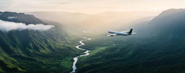 Aerial view of an airplane flying over a lush valley with a winding river, showcasing stunning natural landscapes and tranquility.