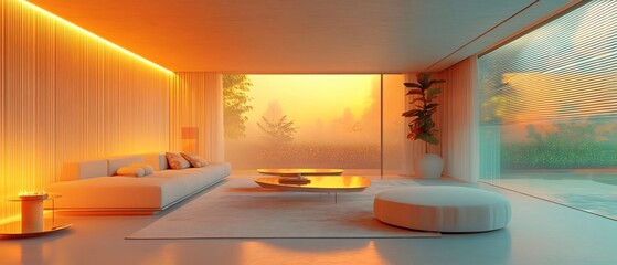 Smart Home of Tomorrow Eco-Friendly Living Room with LED Lighting and Automated Blinds
