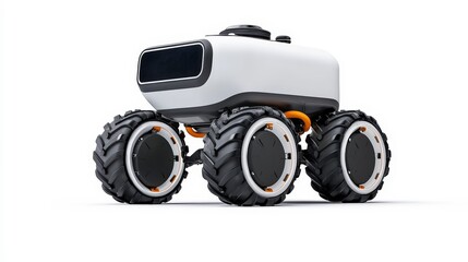 Futuristic robot with four wheels, designed for advanced terrain navigation and equipped with smart technology features.