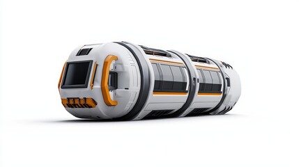 Futuristic transport capsule designed for high-speed travel, showcasing sleek lines and advanced technology in a minimalist style.