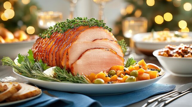 A large ham is surrounded by vegetables and garnished with herbs