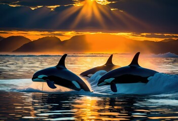 Fototapeta premium breathtaking orca silhouettes vibrant ocean backdrop stunning colors dynamic light reflections, marine, water, blue, creature, nature, landscape, beauty