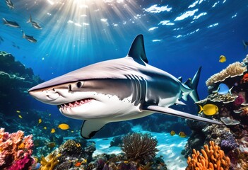 Fototapeta premium vibrant aquatic imagery showcasing shark swimming gracefully amidst colorful marine life, ocean, blue, water, fish, underwater, sea, coral, ecosystem