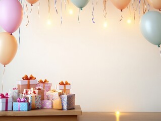 Colorful balloons and festive gifts create a joyful atmosphere for celebrations, perfect for birthdays and special occasions.