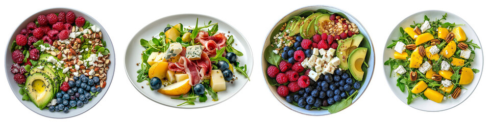 Trendy vegetable salads on a plate, with berries and fruits, a set of healthy food, Transparent background, PNG.