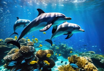 Fototapeta premium close view vibrant dolphin silhouettes beneath showcasing their graceful forms fluid movements colorful underwater scene, marine, life, sea, swimming, animal