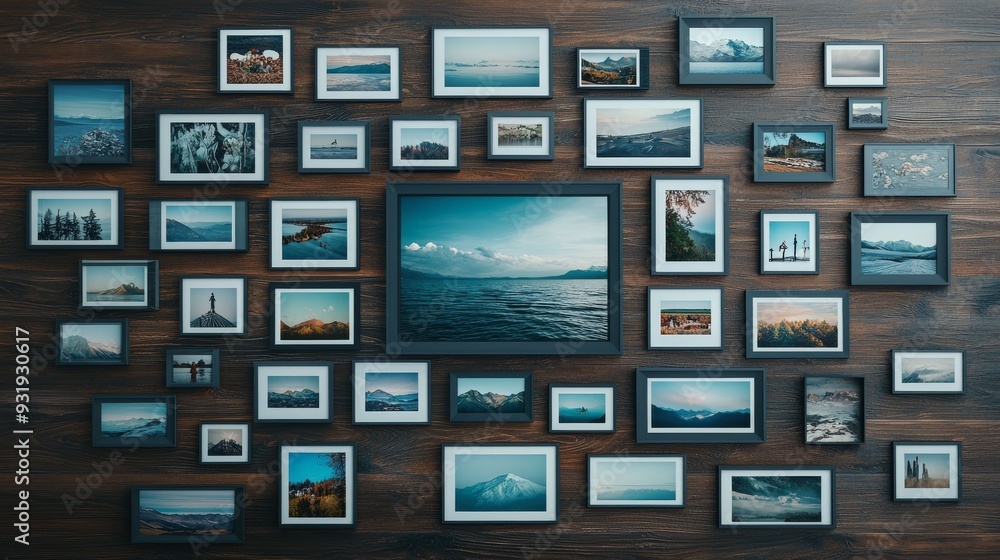 Aufkleber semi close-up of a curated selection of royalty-free stock images printed and arranged on a rustic w