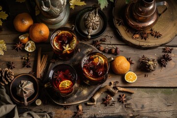 Festive Hot Mulled Wine with Spices and Citrus in Glasses for Holiday Celebration