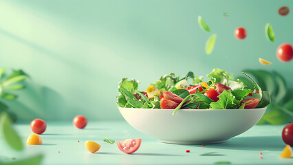 Fresh Salad with Leafy Greens and Tomatoes in a White Bowl, Floating Ingredients Against a Pastel Green Background for a Whimsical and Healthy Wallpaper Design