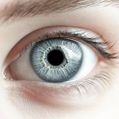 Fototapeta premium An isolated white background shows a beautiful blue female eye
