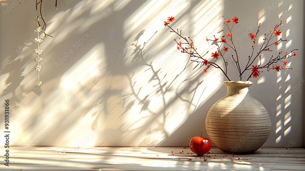 Poster a serene vase with branches and a red apple on a wooden table illuminated by shadows