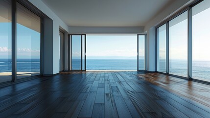 Empty room with dark wooden floating laminate flooring House interior wide bedroom or living room space Newly beach apartment or house with sea view Wood floor Real state or property management