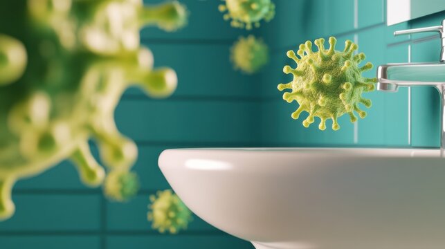Close-up of germ and virus particles near bathroom sink.