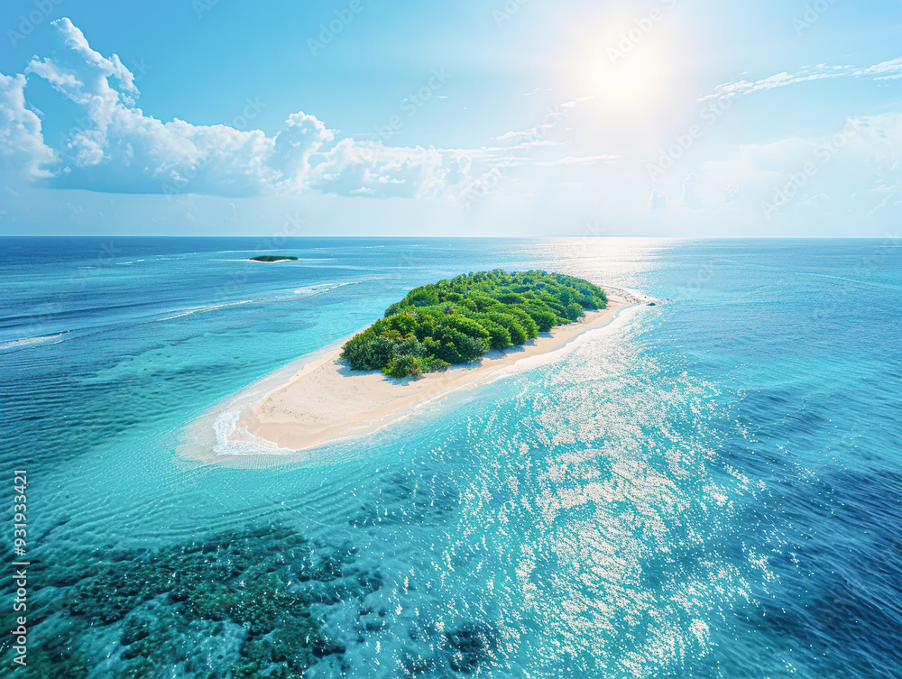 Canvas Prints Serene Paradise: Aerial View of Expansive Tropical Island Beach with Clear Blue Waters and Bright Sunlight