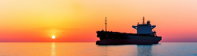 Obraz premium A tranquil sunset over the ocean, featuring a ship silhouetted against vibrant colors, capturing a peaceful maritime moment.