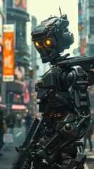 Robotic soldiers navigate a busy futuristic city filled with neon signs and activity
