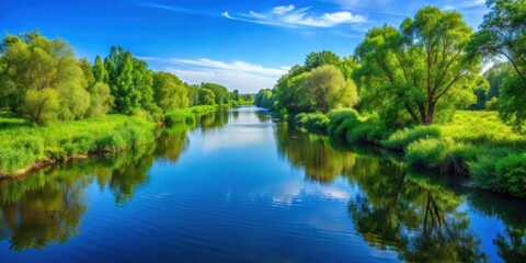 Fototapeta premium Natural environment with lush greenery, clear blue skies, and flowing waterways, nature, outdoors, landscape, trees