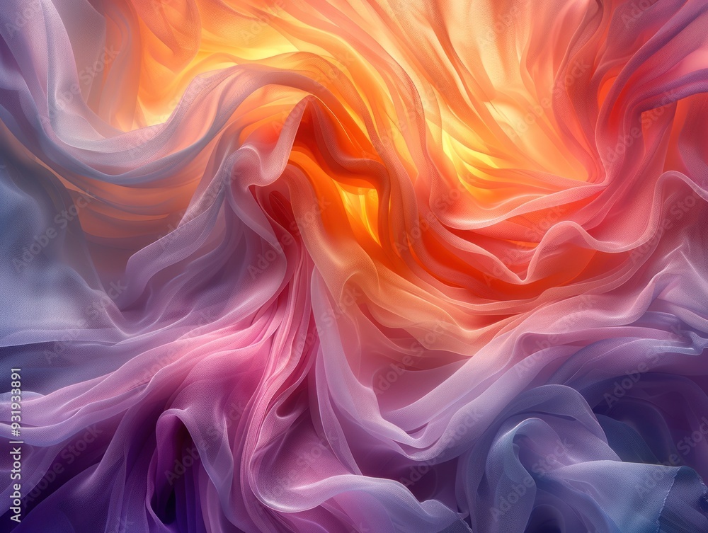 Poster close-up of colorful fabric with gradient colors, flowing and swirling in soft light