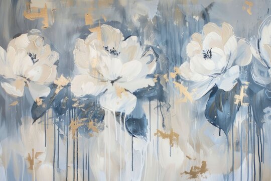 Modern abstract canvas painting depicting flowers in a blend of blue, white, and neutral tones with expressive brush strokes..