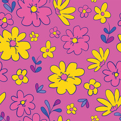 Hand Drawn Flowers Seamless pattern, Vector illustration summer spring print