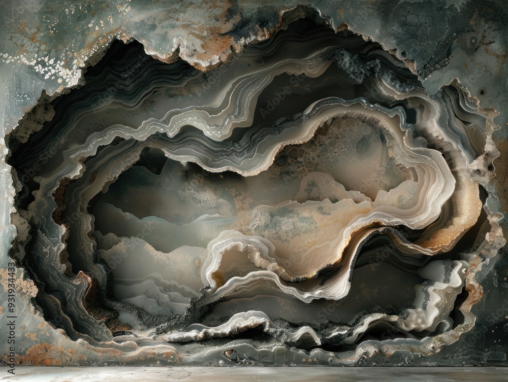 Poster a close-up view of a geode with a complex, layered internal structure