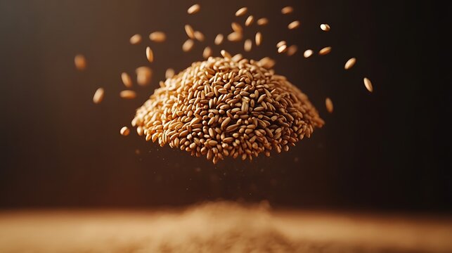 A Heap of Golden Oat Grains Suspended in Mid-Air, with Several Scattered Grains Falling