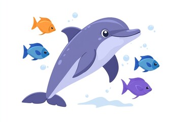 Cartoon Dolphin Swimming with Fish