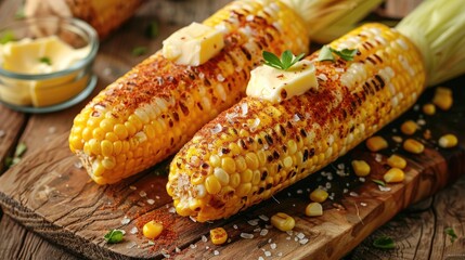 Appetizing delicious cooked cut corn with butter on the wooden board horizontal